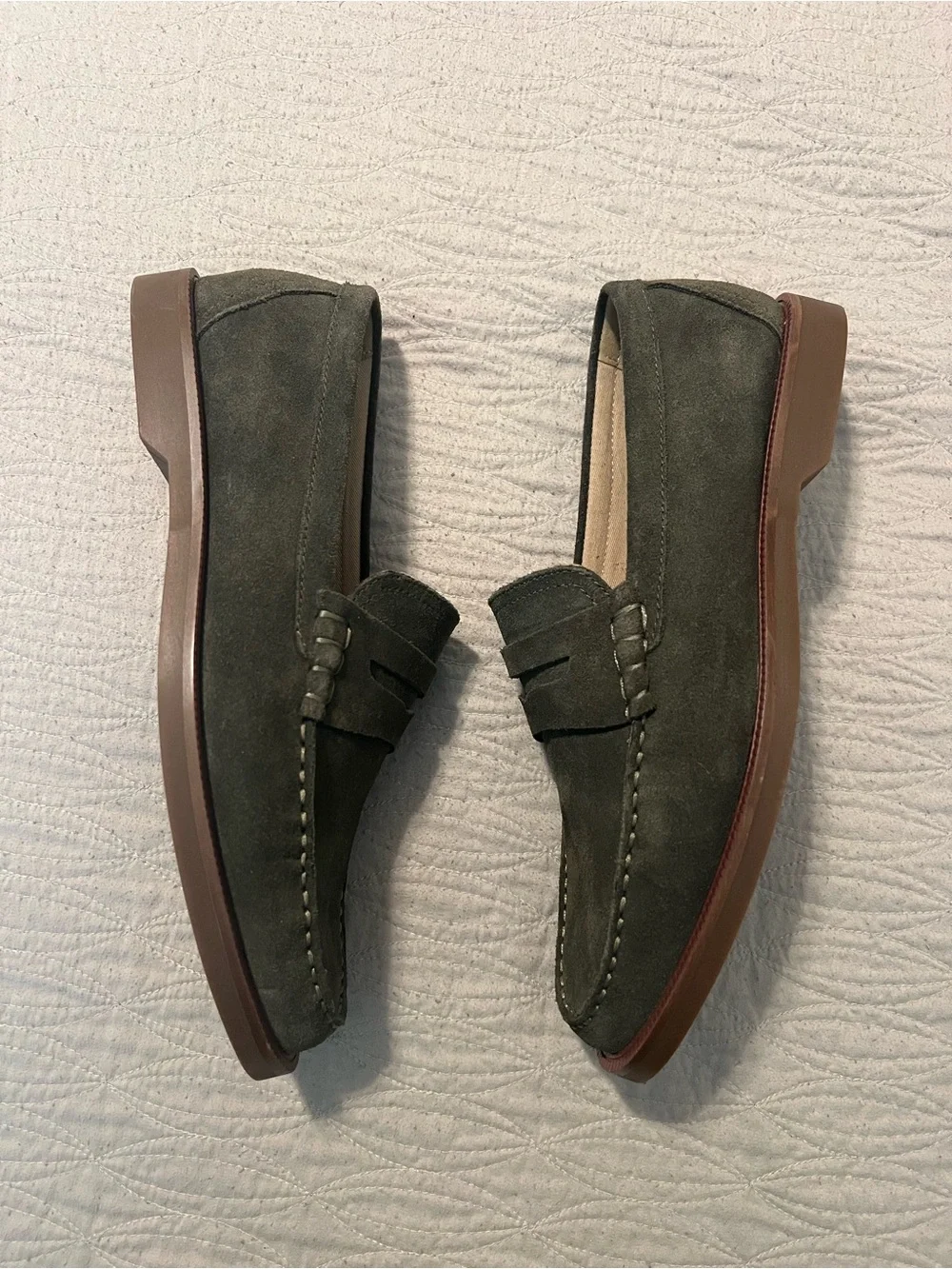 Banana Republic Olive Green Suede Penny Loafers with Brown Trim